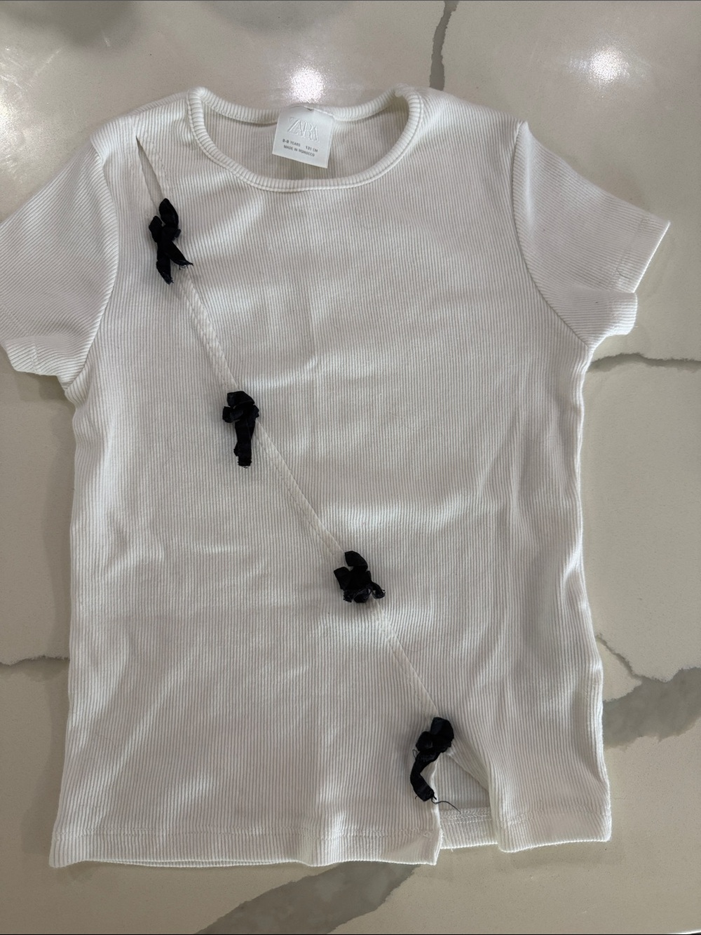 Zara White Ribbed Short-Sleeve Tee with Black Knot Detail
